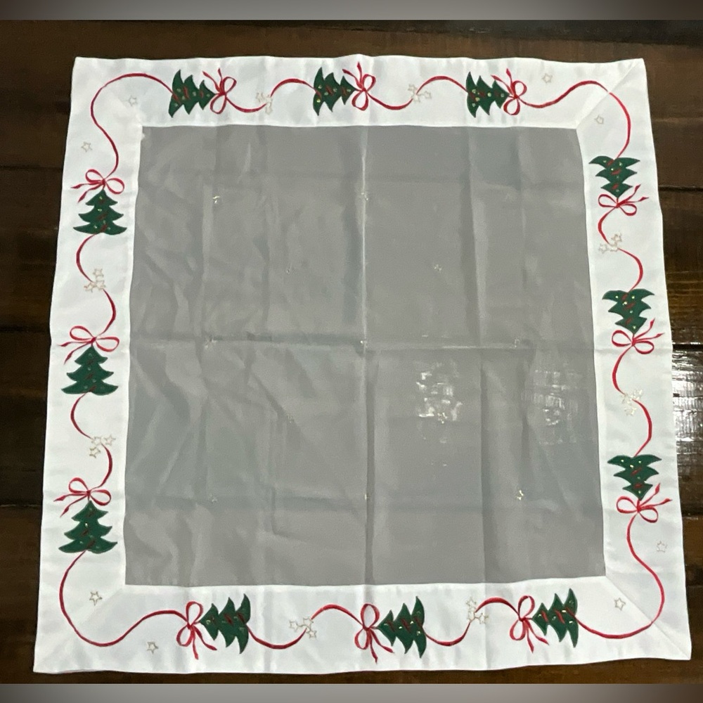 Christmas Tablecloth Sheer Center Ribbon Embroidered Edges German(?)